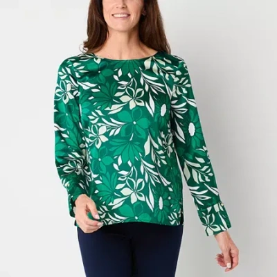 Liz Claiborne Womens Round Neck Long Sleeve Satin Blouse In Green