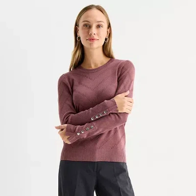 Liz Claiborne Womens Round Neck Long Sleeve Striped Pullover Sweater In Pink