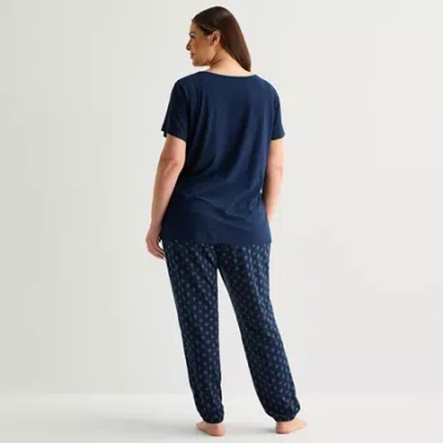 Liz Claiborne Womens Round Neck Short Sleeve 2-pc. Plus Pajama Set In Blue