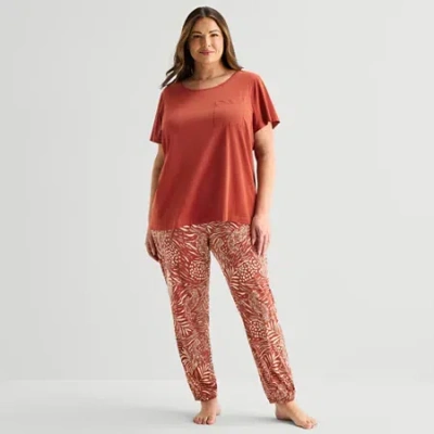 Liz Claiborne Womens Round Neck Short Sleeve 2-pc. Plus Pajama Set In Brown
