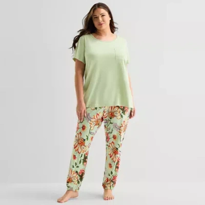 Liz Claiborne Womens Round Neck Short Sleeve 2-pc. Plus Pajama Set In Green