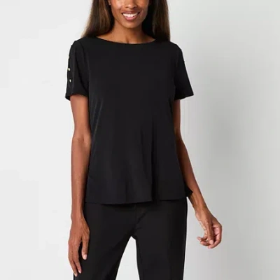 Liz Claiborne Womens Round Neck Short Sleeve Blouse In Black