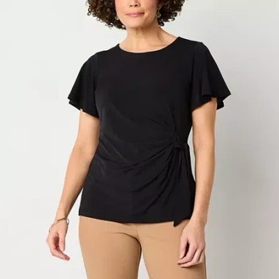 Liz Claiborne Womens Round Neck Short Sleeve Blouse In Black