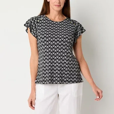 Liz Claiborne Womens Round Neck Short Sleeve Blouse In Black