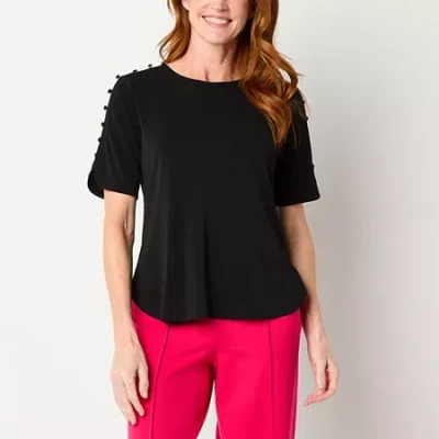 Liz Claiborne Womens Round Neck Short Sleeve Blouse In Black
