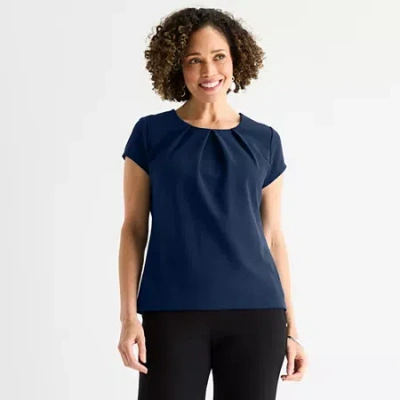 Liz Claiborne Womens Round Neck Short Sleeve Blouse In Blue
