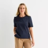 Liz Claiborne Womens Round Neck Short Sleeve Blouse In Blue