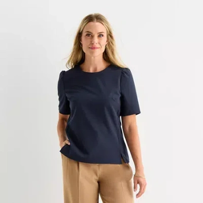Liz Claiborne Womens Round Neck Short Sleeve Blouse In Blue
