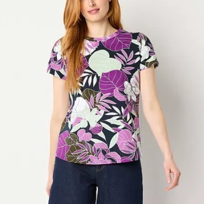 Liz Claiborne Womens Round Neck Short Sleeve Blouse In Blue