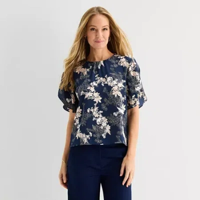 Liz Claiborne Womens Round Neck Short Sleeve Blouse In Multi