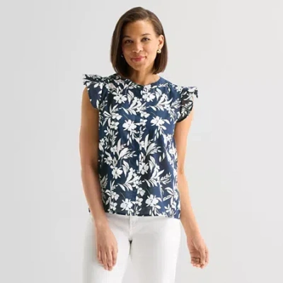 Liz Claiborne Womens Round Neck Short Sleeve Blouse In Blue