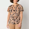 Liz Claiborne Womens Round Neck Short Sleeve Blouse In Brown