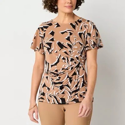 Liz Claiborne Womens Round Neck Short Sleeve Blouse In Brown
