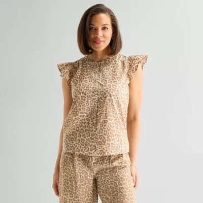 Liz Claiborne Womens Round Neck Short Sleeve Blouse In Brown