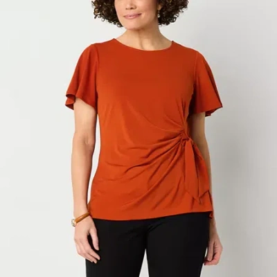 Liz Claiborne Womens Round Neck Short Sleeve Blouse In Orange
