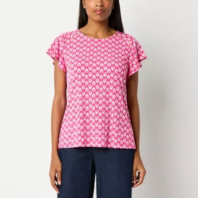 Liz Claiborne Womens Round Neck Short Sleeve Blouse In Pink