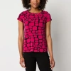 Liz Claiborne Womens Round Neck Short Sleeve Blouse In Animal Print