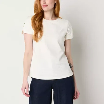 Liz Claiborne Womens Round Neck Short Sleeve Blouse In White