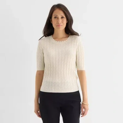 Liz Claiborne Womens Scallop Neck Short Sleeve Pullover Sweater In Neutral