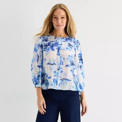 Liz Claiborne Womens Scoop Neck 3/4 Sleeve Blouse In Blue