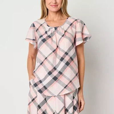 Liz Claiborne Womens Scoop Neck Short Sleeve Blouse In Pink