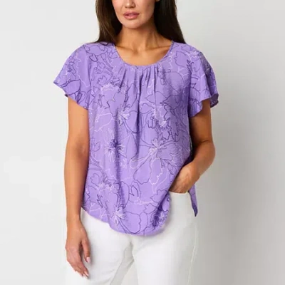 Liz Claiborne Womens Scoop Neck Short Sleeve Blouse In Purple