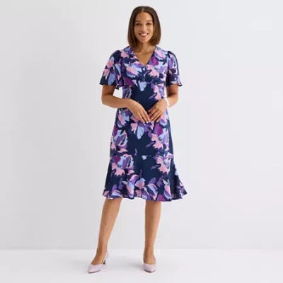 Liz Claiborne Womens Short Sleeve Floral Empire Waist Dress In Blue