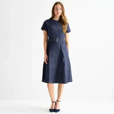 Liz Claiborne Womens Short Sleeve Midi A-line Dress In Blue