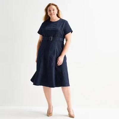 Liz Claiborne Womens Short Sleeve Midi A-line Dress In Blue