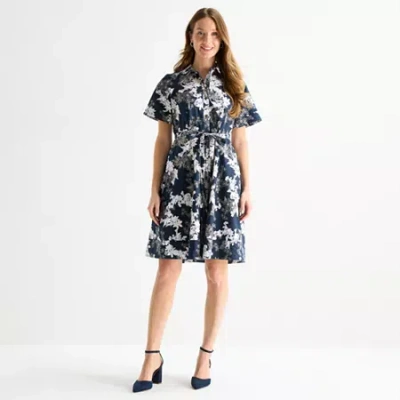Liz Claiborne Womens Short Sleeve Midi A-line Dress In Blue