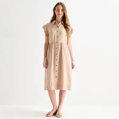 Liz Claiborne Womens Short Sleeve Midi A-line Dress In Sand
