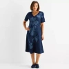 Liz Claiborne Womens Short Sleeve Midi Floral A-line Dress In Blue