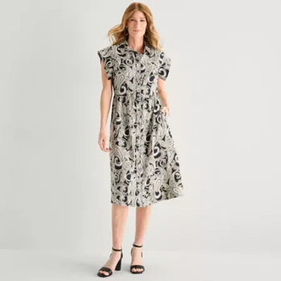 Liz Claiborne Womens Short Sleeve Midi Paisley Shirt Dress In Gray