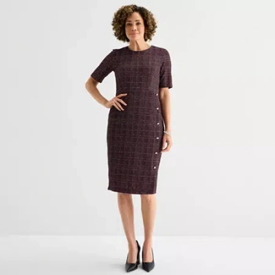 Liz Claiborne Womens Short Sleeve Midi Plaid Sheath Dress In Black