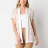 Liz Claiborne Womens Short Sleeve Open Front Animal Cardigan In Sand