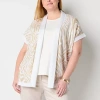 Liz Claiborne Womens Short Sleeve Open Front Plus Animal Cardigan In Sand