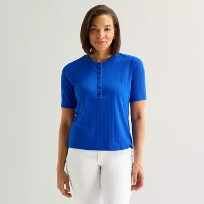 Liz Claiborne Womens Short Sleeve Regular Fit Henley Shirt In Blue