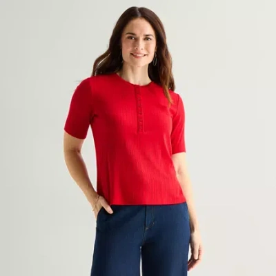 Liz Claiborne Womens Short Sleeve Regular Fit Henley Shirt In Red
