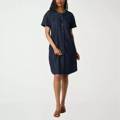 Liz Claiborne Womens Short Sleeve Shirt Dress In Blue