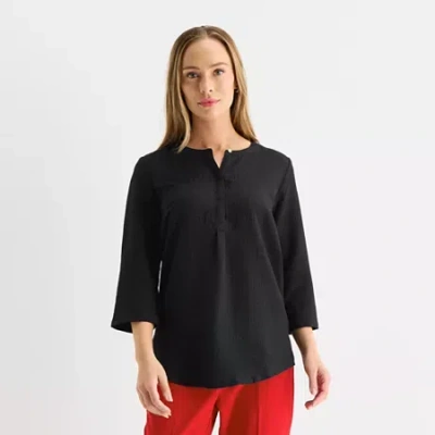 Liz Claiborne Womens Split Crew Neck 3/4 Sleeve Blouse In Black