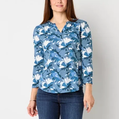 Liz Claiborne Womens Split Crew Neck 3/4 Sleeve Blouse In Blue