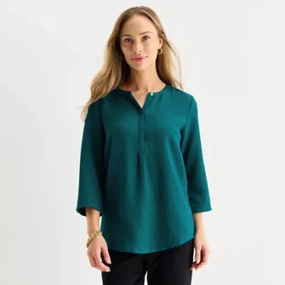 Liz Claiborne Womens Split Crew Neck 3/4 Sleeve Blouse In Blue