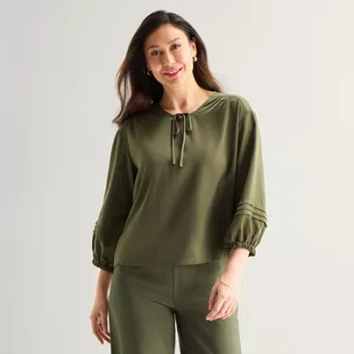 Liz Claiborne Womens Split Crew Neck 3/4 Sleeve Blouse In Green