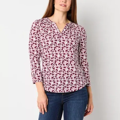 Liz Claiborne Womens Split Crew Neck 3/4 Sleeve Blouse In Pink
