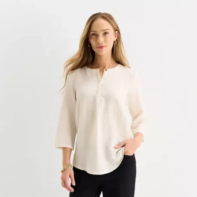 Liz Claiborne Womens Split Crew Neck 3/4 Sleeve Blouse In White