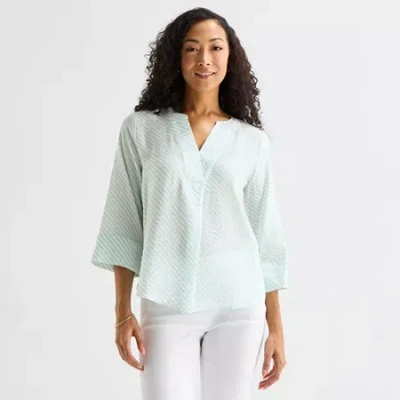 Liz Claiborne Womens Split Crew Neck 3/4 Sleeve Tunic Top In Blue