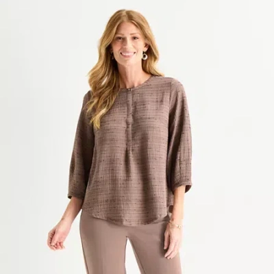 Liz Claiborne Womens Split Crew Neck 3/4 Sleeve Tunic Top In Brown