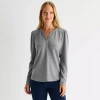 Liz Claiborne Womens Split Crew Neck Long Sleeve Blouse In Gray