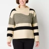 Liz Claiborne Womens Split Crew Neck Long Sleeve Striped Pullover Sweater In Sand