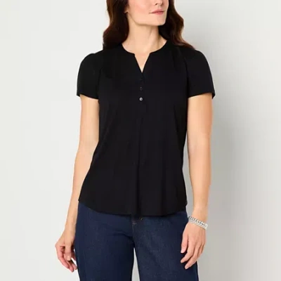 Liz Claiborne Womens Split Crew Neck Short Sleeve Blouse In Black